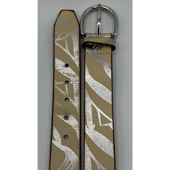Armani Exchange Women\'s Leather Belt Silver Cream Geometric Design Size Large